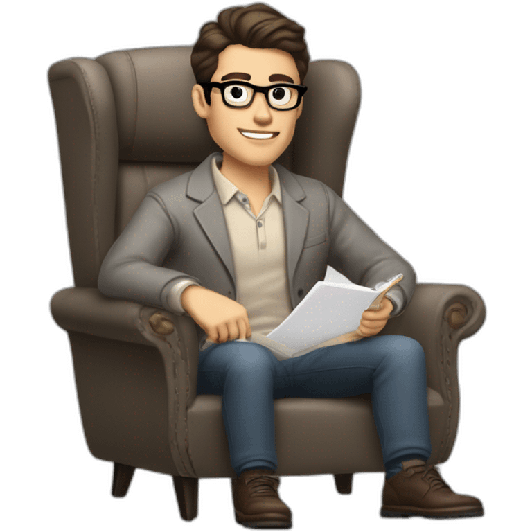 Pale skinned Fit Man With dark brown hair in gray jacket, beige office shirt and vintage glasses sitting In a soft chair with a notebook with emblem Ψ and a pen in his hands emoji