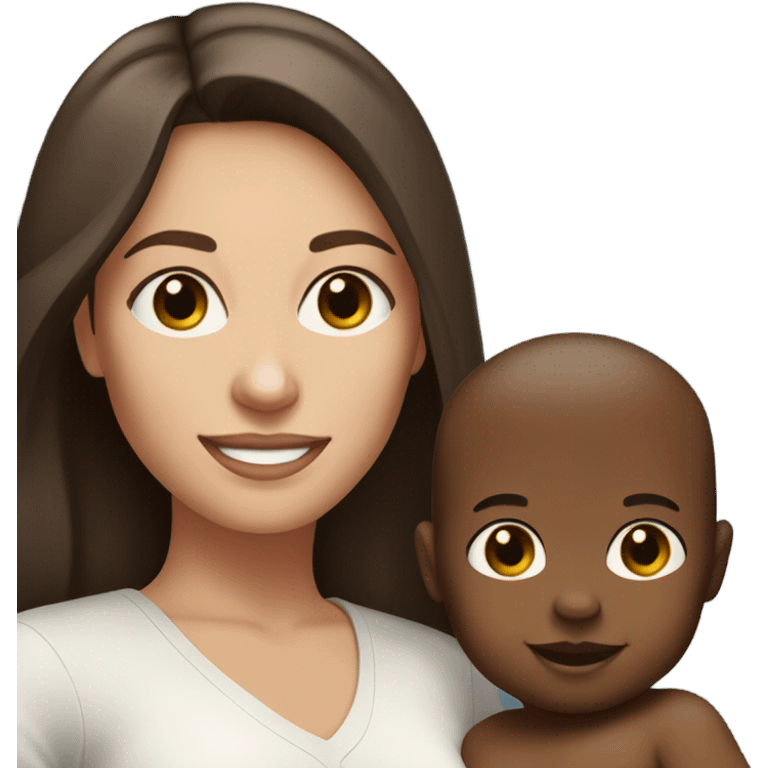 white woman, with straight long mid hair, dark brown hair, blue eyes, round face, uni-lips. holding her baby boy, one year old, brown skin, bit of hair straight brown smiling emoji