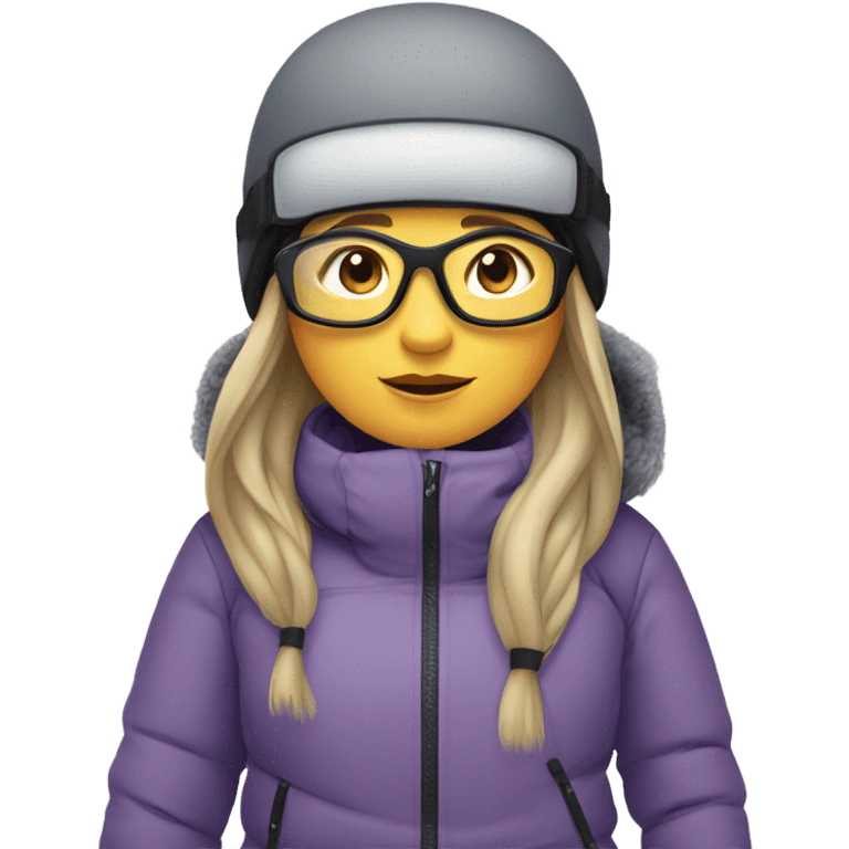 chubby female skier with long straight hair, glasses, grey purple snow jacket, black pants, black only snow boots and black skis. emoji