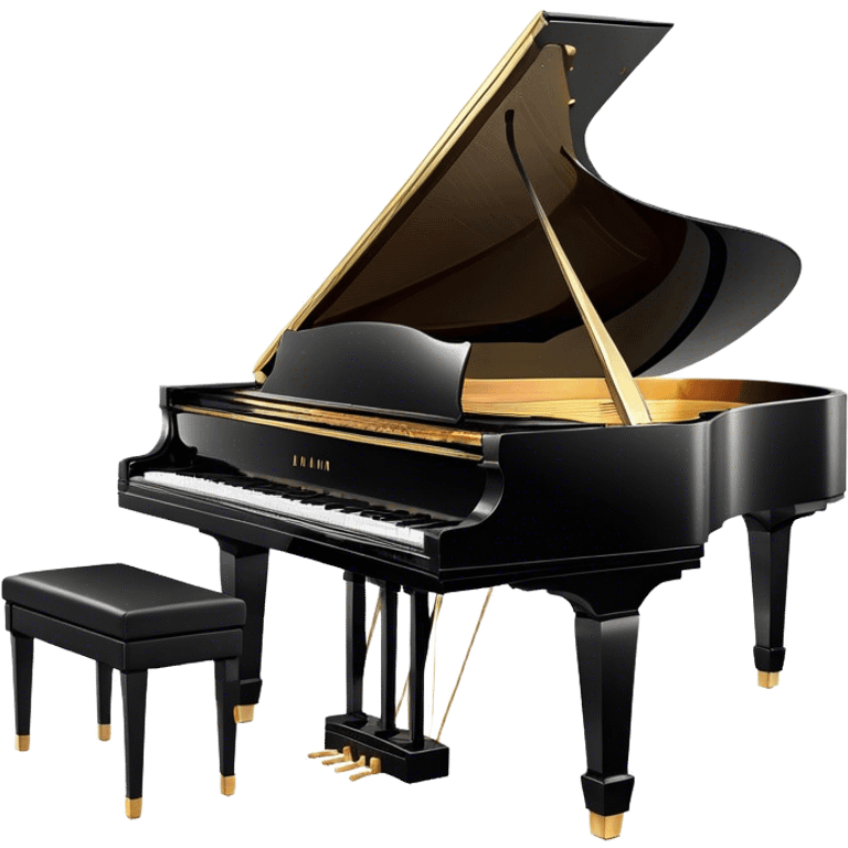 Cinematic Realistic Piano, glossy black grand piano with elegantly curved edges, pristine white and black keys, soft golden light reflecting off its polished surface, faint reflections of a musician’s hands, glowing with refined elegance and musical depth. emoji