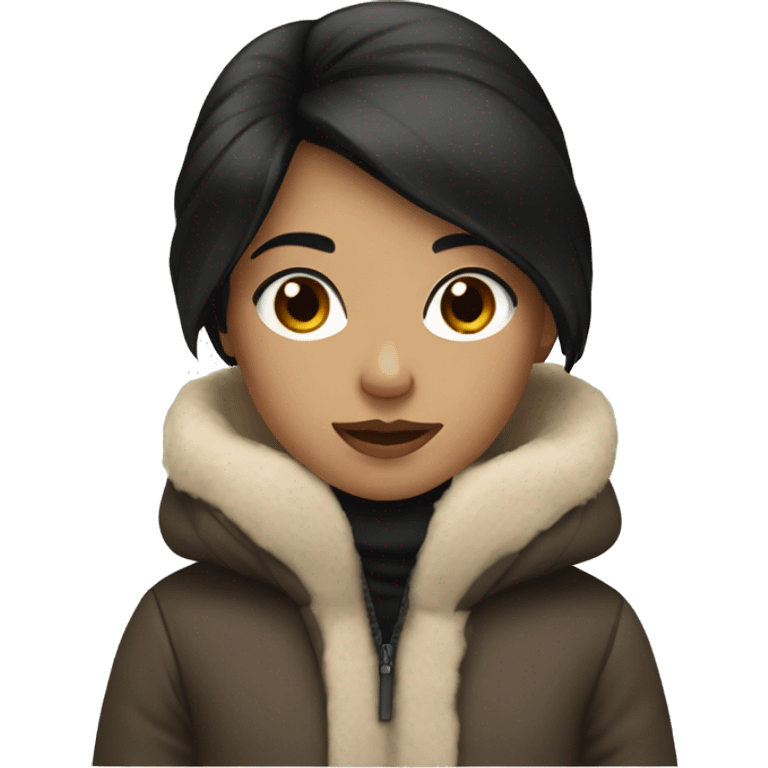 Girl with black hair with winter coat beige and white  emoji