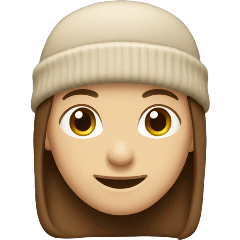 A person with medium-length brown hair, beige beanie, brown eyes, grins. No body only head, face. emoji