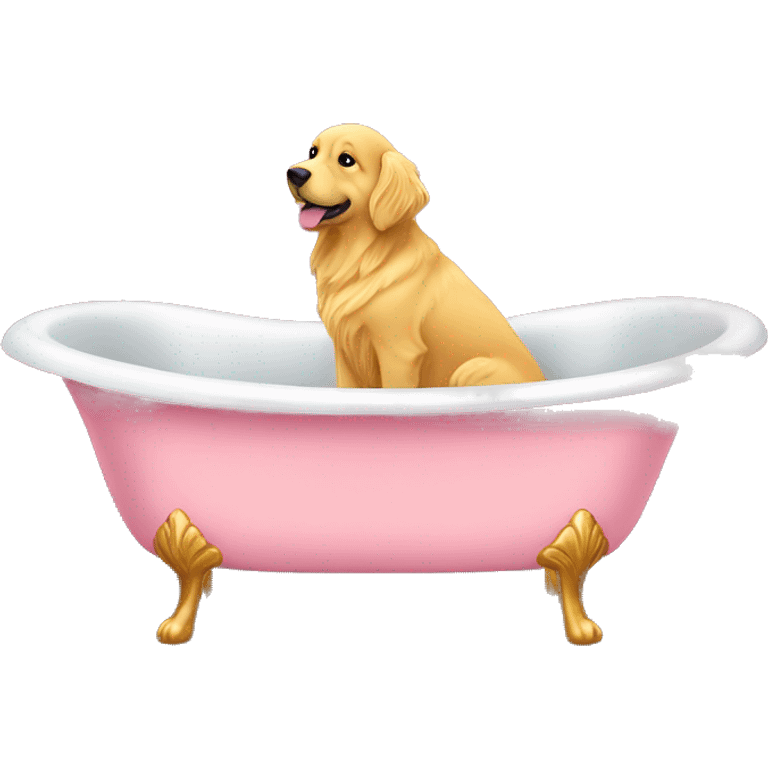 pink victorian bath tub, gold feet with golden retriever in it emoji