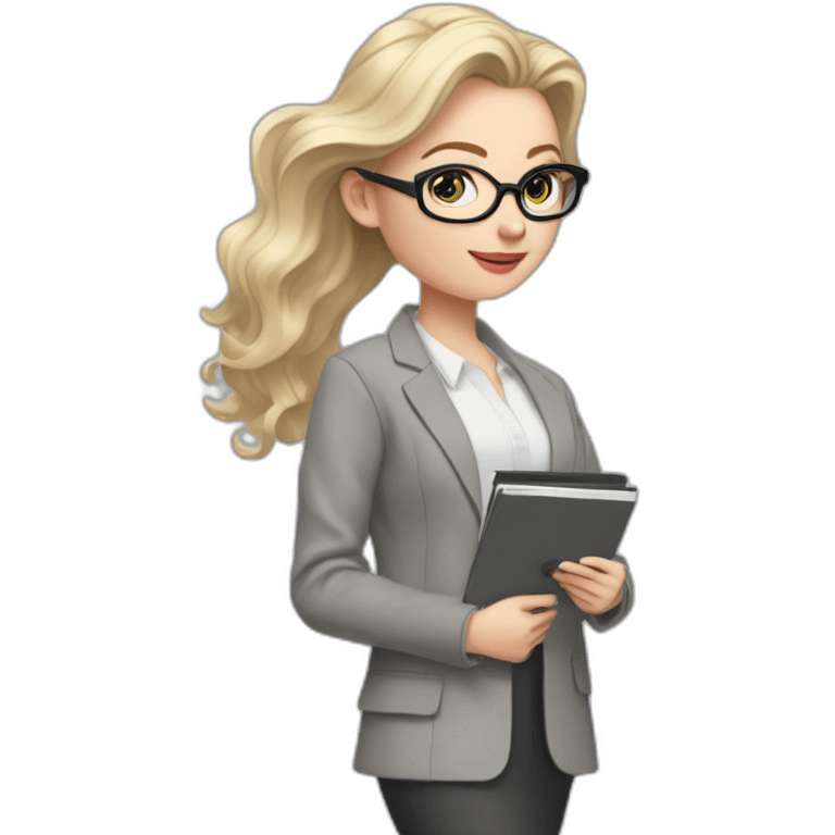 full height pale skin woman with cold blonde hair, Care haircut, White blouse, Gray oversize jacket, Gray skirt and metal glasses holding a color palette in the hands of a color palette emoji