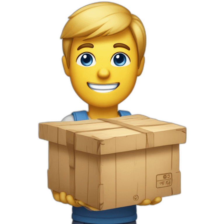 A person holding a box of wood with a beautiful smile will make any wooden product you want, he has a yellow food ball. Blue eyes and skin light beige. emoji