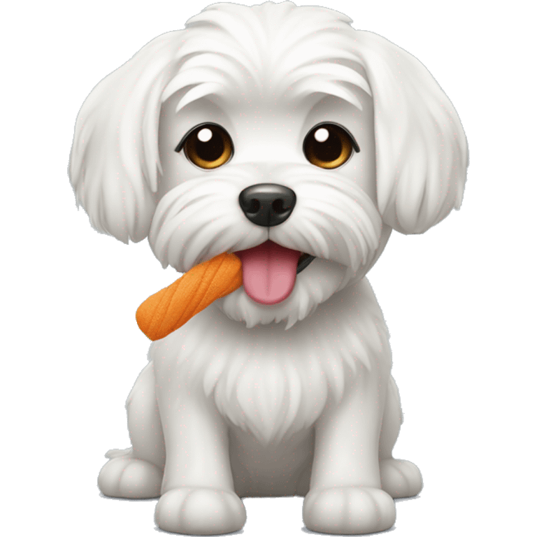 A Maltese dog with a toy in its mouth emoji