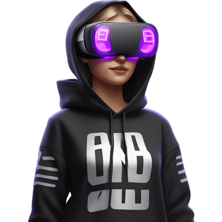 Russian girl wearing black hoody with violet letters "OMG", in vr headset oculus quest2. Standing like jedi. Cyberpunk style. Violet neon. emoji