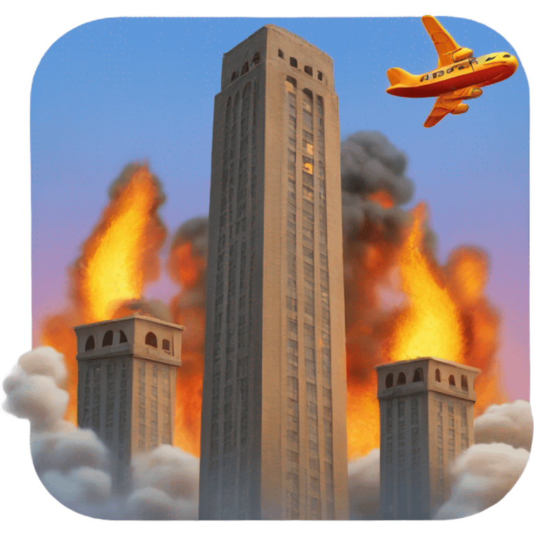 Two square towers on fire and an airplane in background emoji