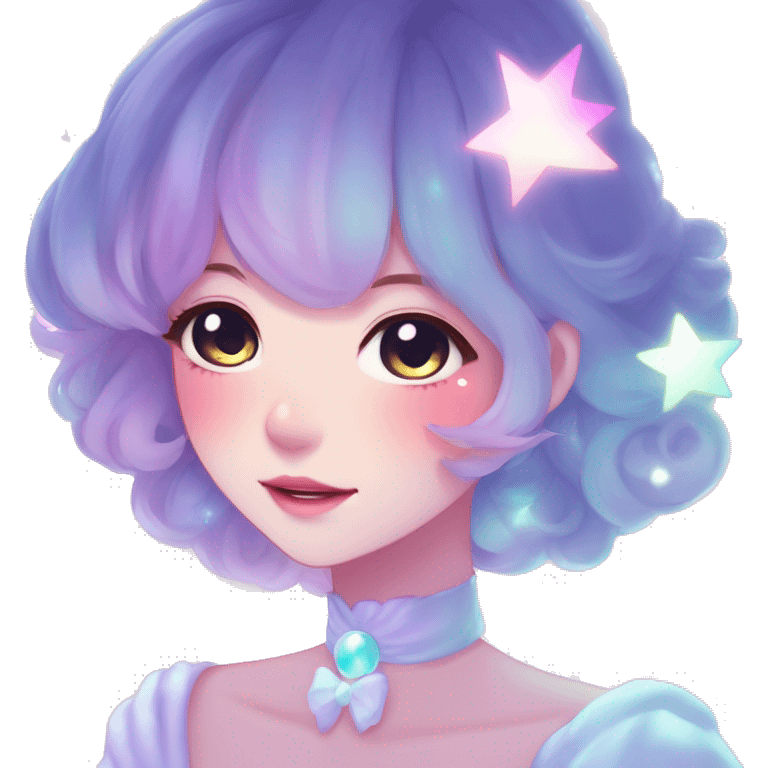 Gorgeous pastel anime style lady blushing nebula-gradient-sparkle face dreamy idol model colorful shiny stars galaxy kawaii cottagecore pearly petite simplistic aesthetic trending style emoji