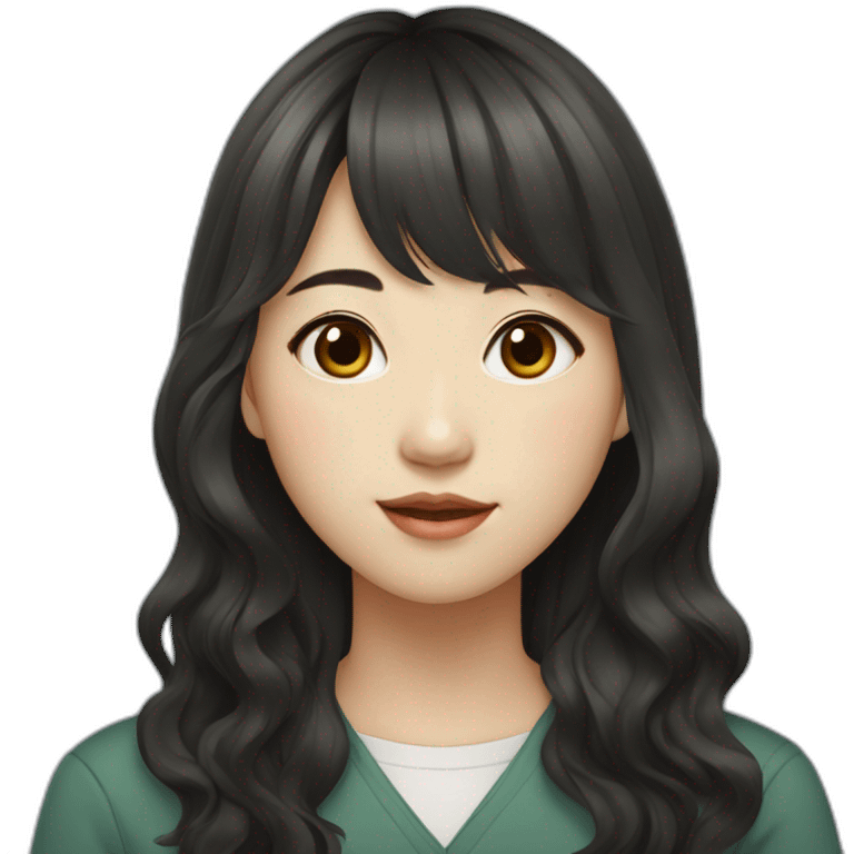 Korean student woman with bangs and wavy long black korean hairstyle, light skin tone emoji