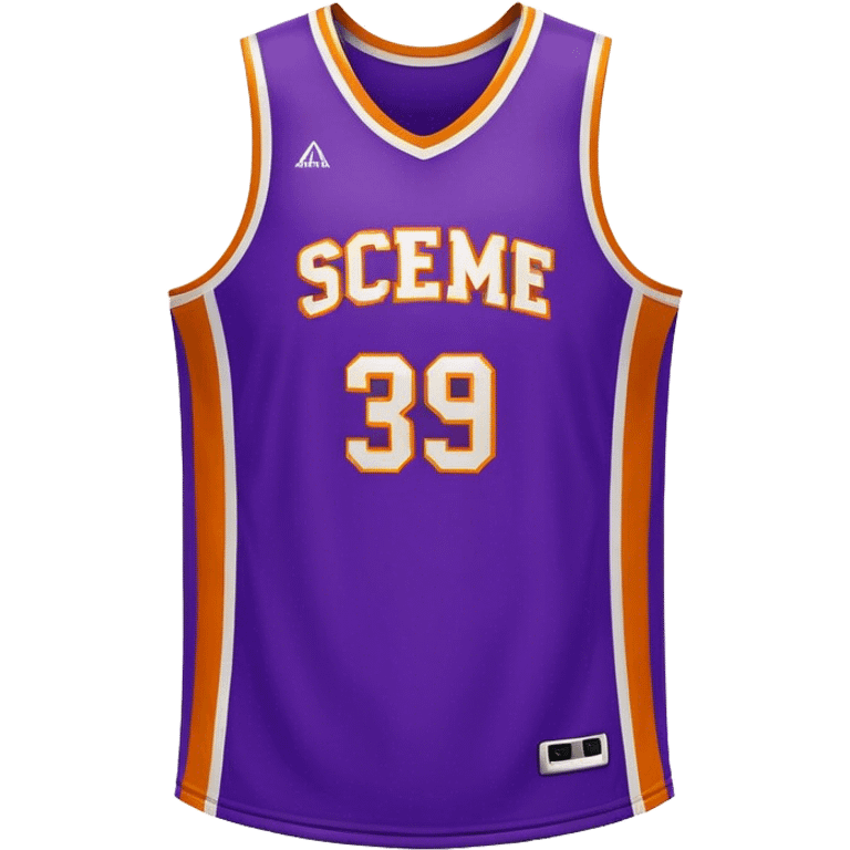 Cinematic Realistic image of a basketball jersey rendered in bold team colors with finely textured fabric and realistic creases, set against an energetic court backdrop with bright, dynamic lighting emoji