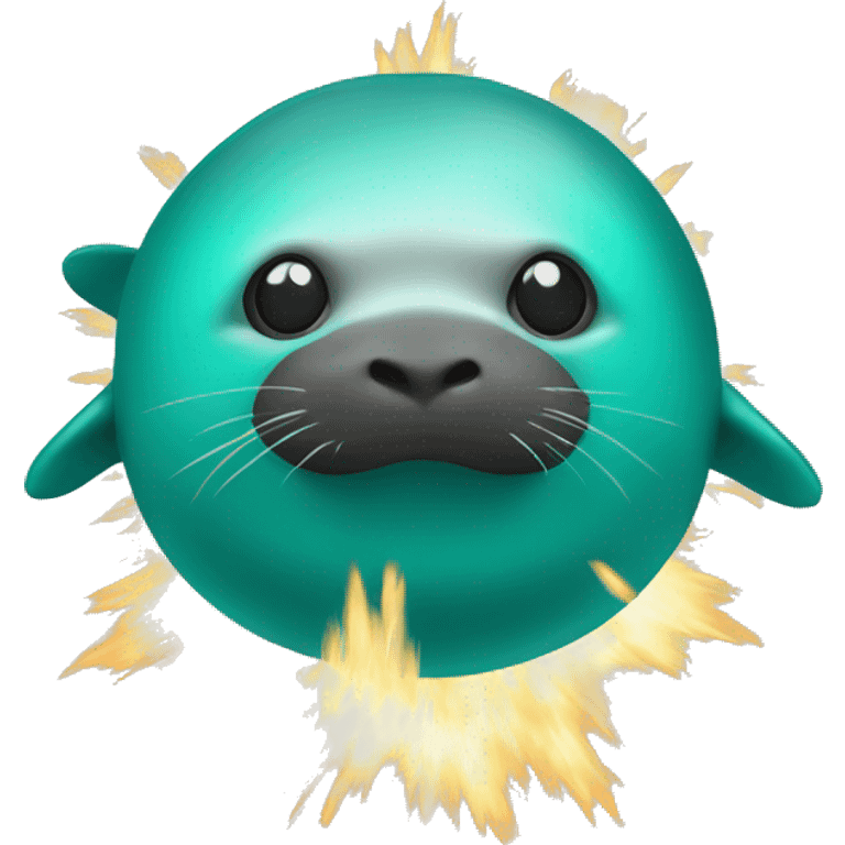 teal-coloured seal in front of boom explosion emoji