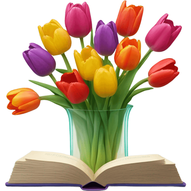 flowers vase in form of transparent book vase, with tullips emoji