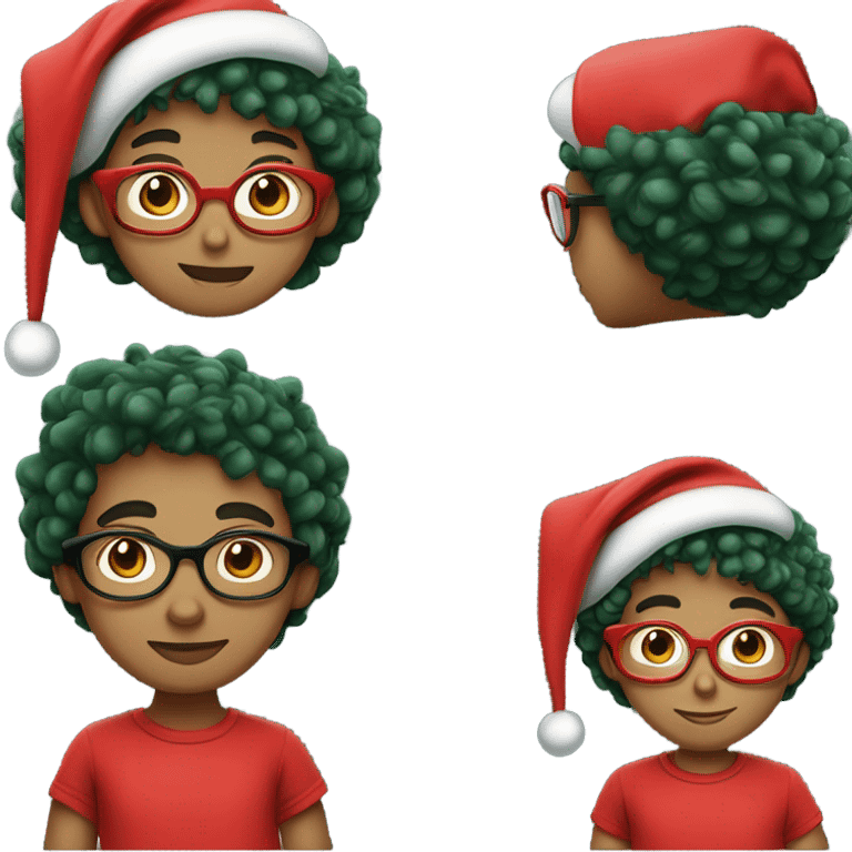 Unisex person ’light skin’ ’short curly dark green hair’ in a ’red Santa hat’ and black tshirt and round glasses  emoji