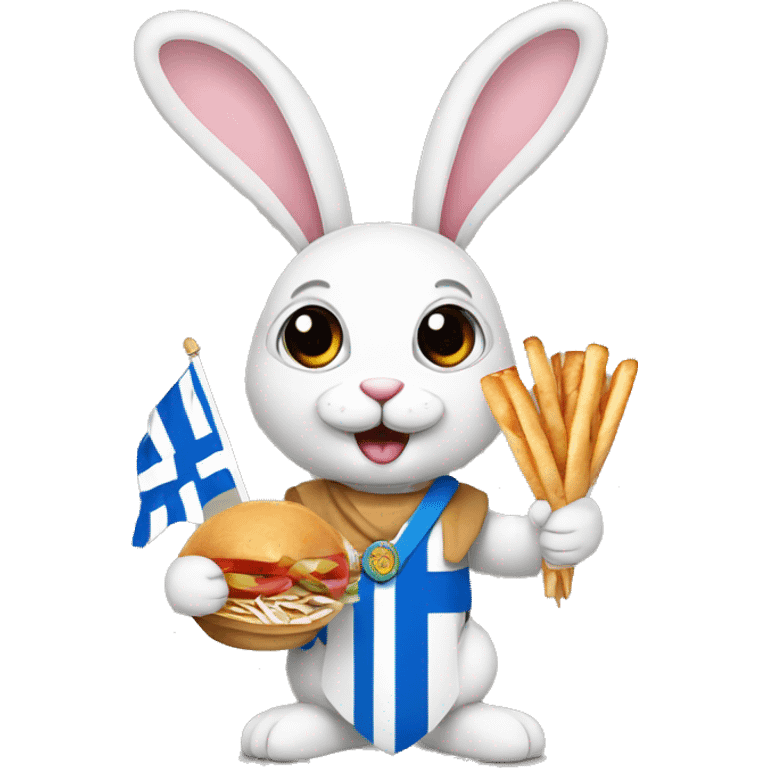 Easter bunny wearing a Greek flag holding a gyros emoji