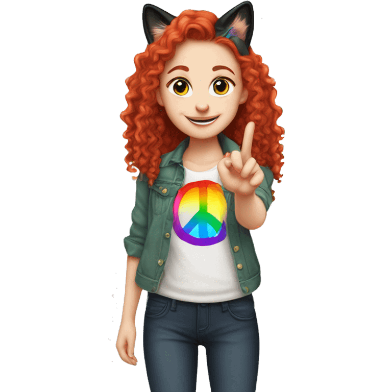 a white girl with long red curly hair in a pony tail with rainbow shirt does peace sign wearing cat ears one black other white emoji