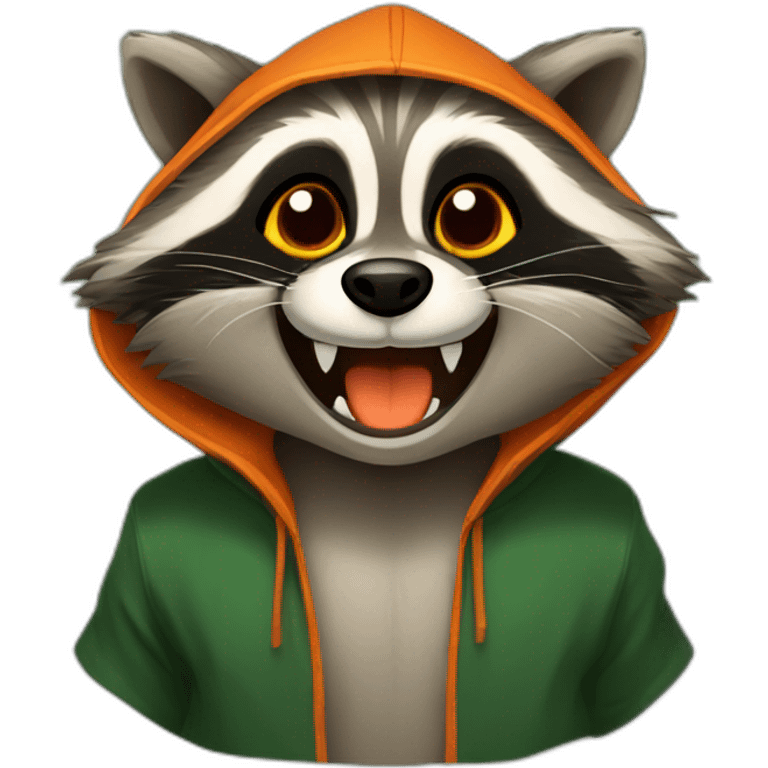 brown raccoon with orange eyes and a dark green hood that is laughing emoji