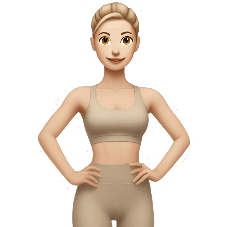 Pale skinned fit women in a beige tight yoga suit and wristbands with brown hair in a bun doing yoga emoji