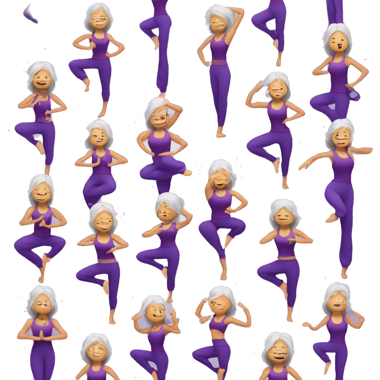 Long hair Asian senior woman in purple yoga cloth dancing Zumba emoji