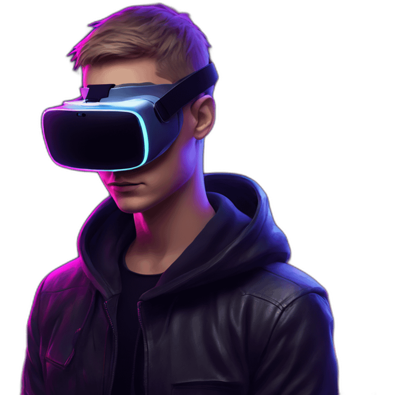 Russian young man wearing a black hoodie with "OMG" letters on it and VR headset in a cyberpunk VR environment with violet neon lighting. emoji