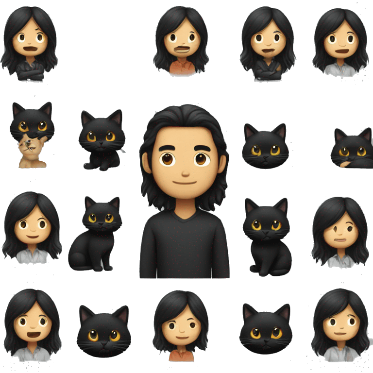 Long haired Asian man holding black cat emoji