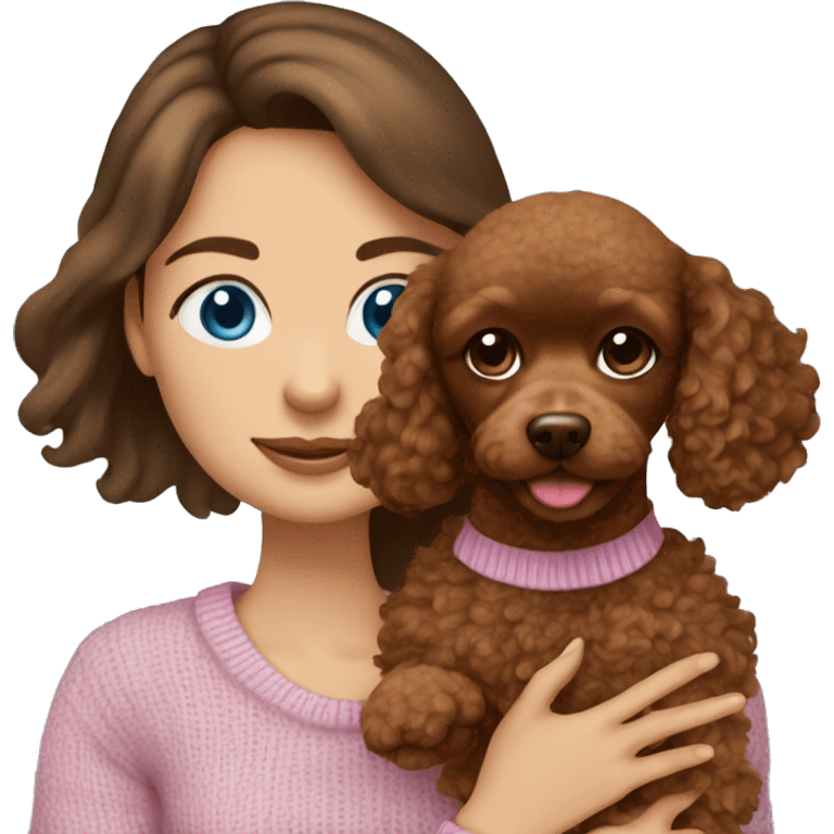 Pretty blue eyed tan girl with brown hair in a pink sweater holding a brown sweet toy poodle emoji