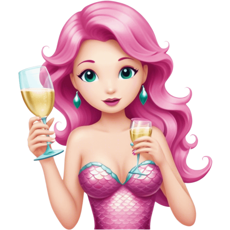 A caucasian mermaid drinking champagne dressed in pink emoji