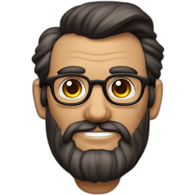 Homem gordinho com cabelo grande e cacheado com barba estilo Abraham Lincoln e uma pinta acima do lábio do lado esquerdo, utilizando óculos grande e quadrado emoji