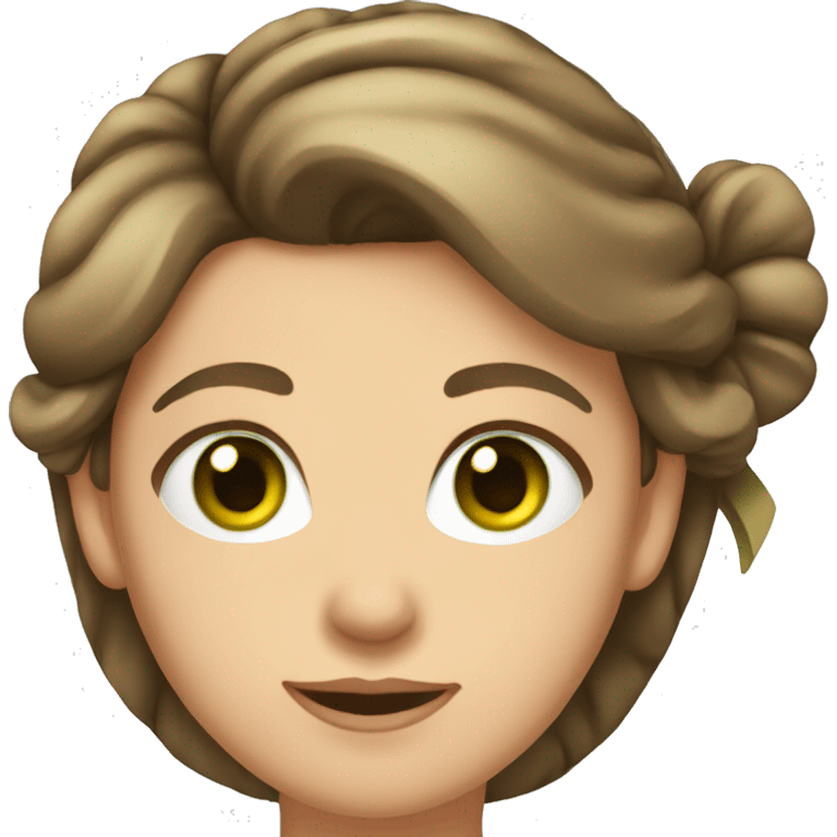 Mom with a bow in her hair and hair up. Brown hair, green eyes, round face emoji