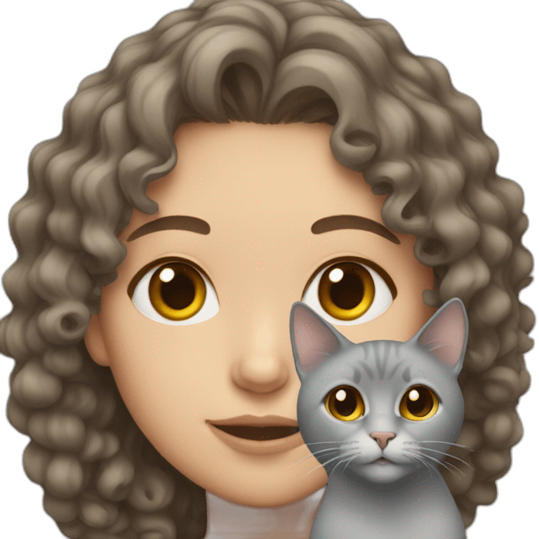 Pale brunette female with curly hair and a grey cat emoji