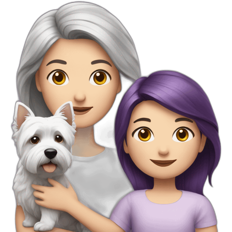 Family picture woman with purple/gray hair, aduld child with dark brown hair and West Highland White Terrier emoji