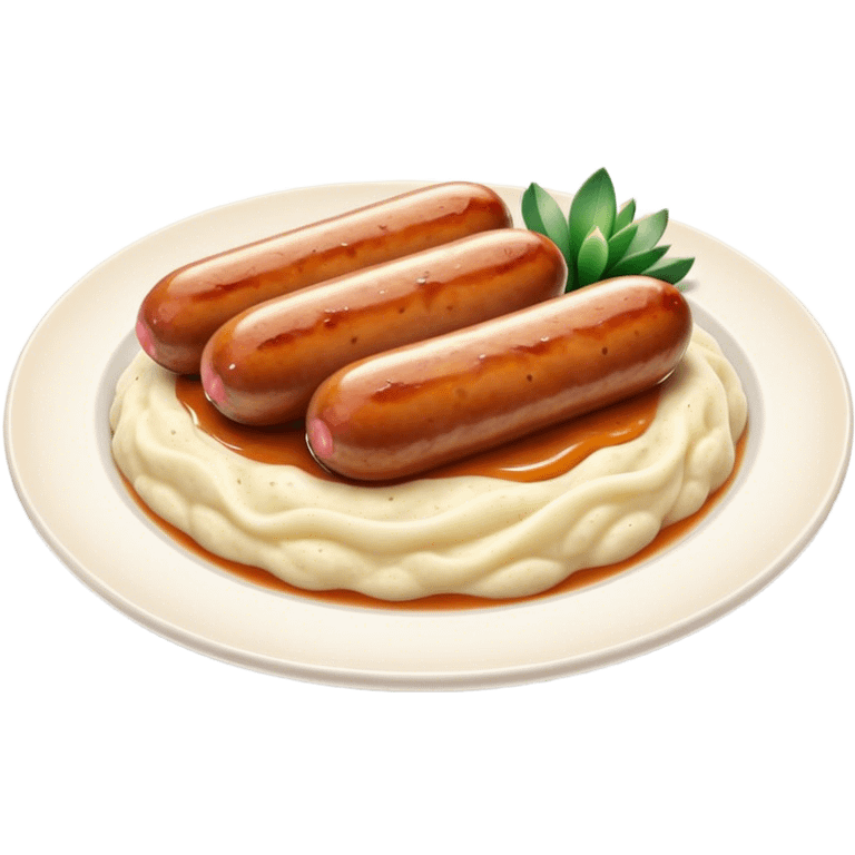 Cinematic Realistic Bangers and Mash Dish Emoji, featuring succulent pork sausages paired with creamy mashed potatoes rendered with detailed textures and natural highlights that emphasize its robust, hearty flavor. emoji