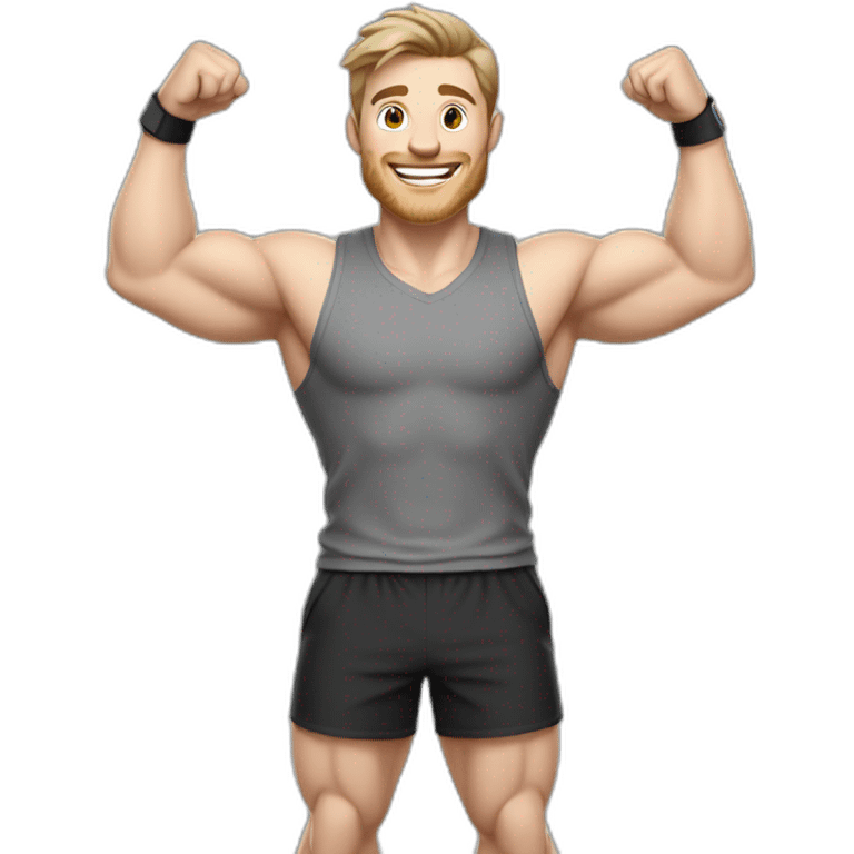 Joyful Celebrating victory Pale skinned Fit Man With the biceps and dark brown hair in black shirt, gray sports shorts and white Sneakers emoji