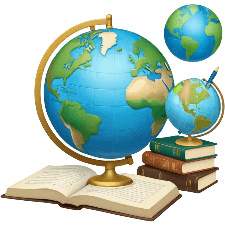 Create an emoji representing language translation. The design should feature a single globe in the background, symbolizing international communication. In front of the globe, place two opened books, with texts in it and a pen nearby to indicate the act of writing and vocabulary. Use a clean and professional color palette with blues, greens, and neutral tones. Do not include any emojis or smiley faces. Make the background transparent emoji