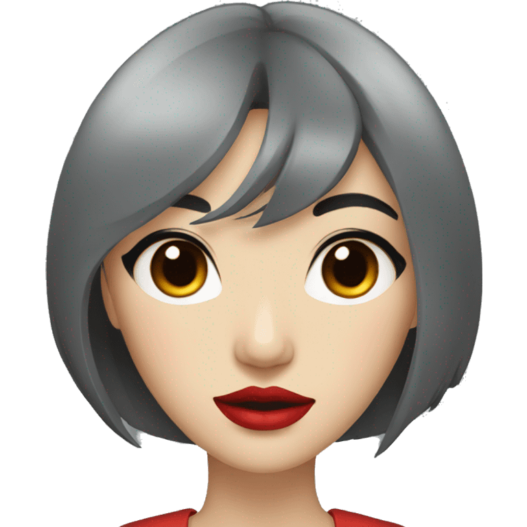 a asian woman with grey eyes and black hair and red lips emoji