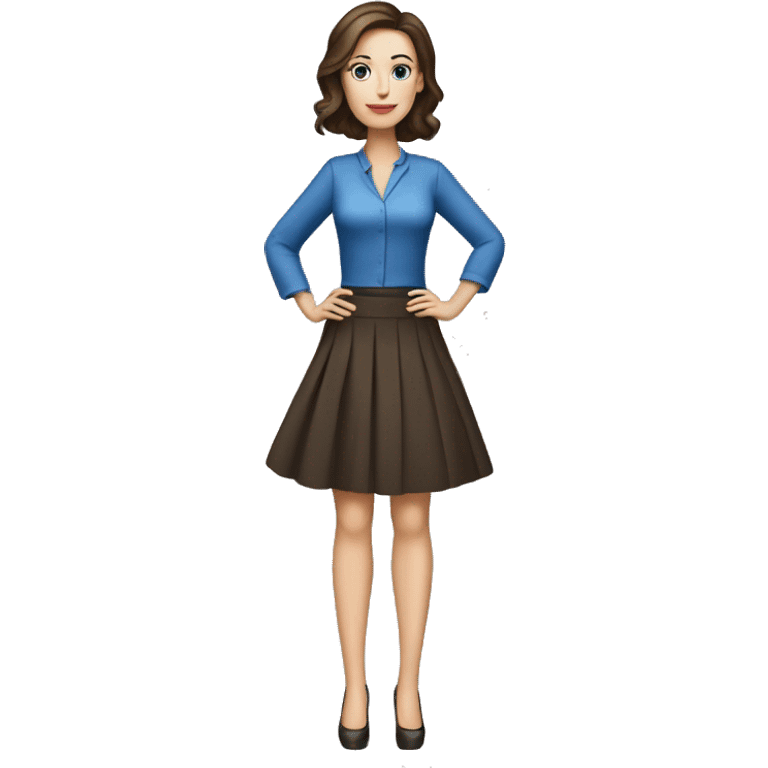 White woman in skirt and high heels with dark brown hair and blue eyes emoji