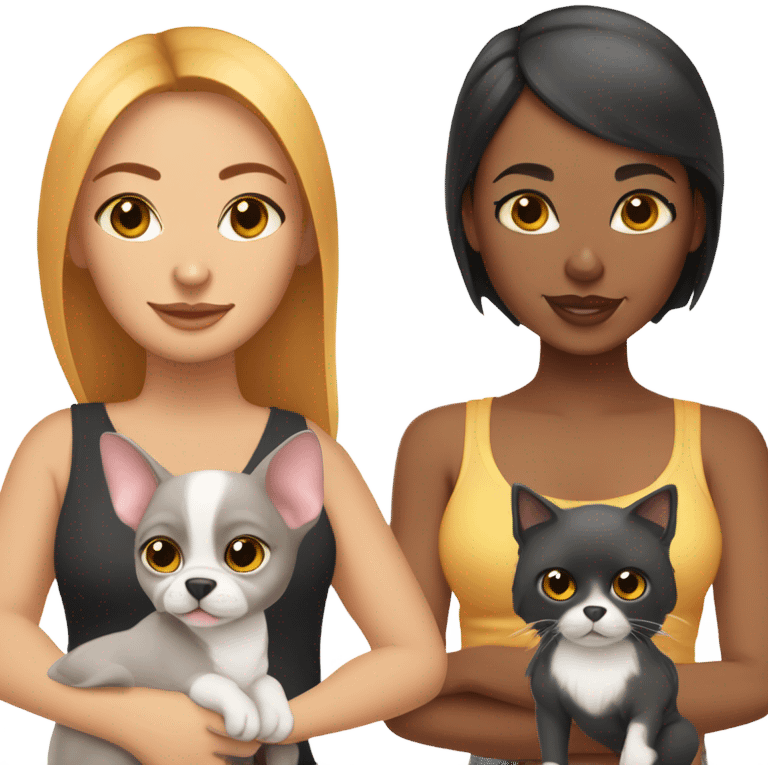 Latino woman with black staight hair and brown eyes is holding a grey sphynx kitten and a ginger/ yellowish pomeranian dog emoji