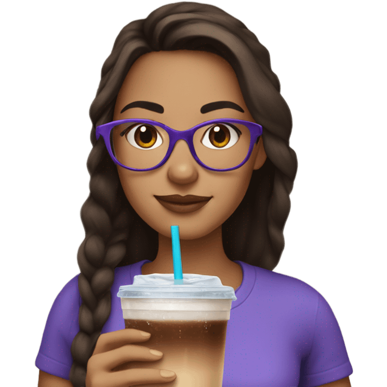 Brunette girl wearing purple glasses and drinking an ice coffee emoji