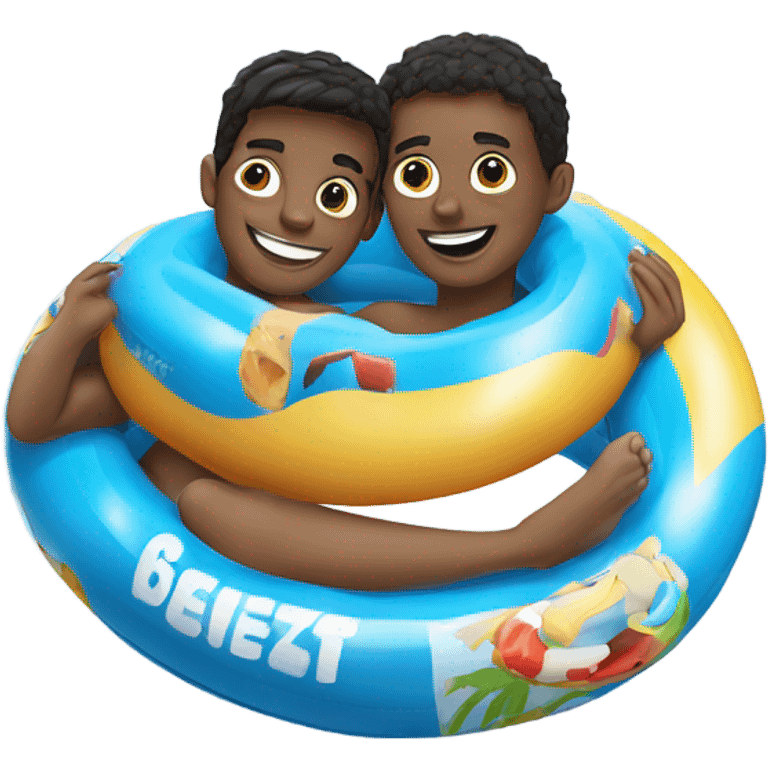 two teenage boys in inflatable rings in pool emoji