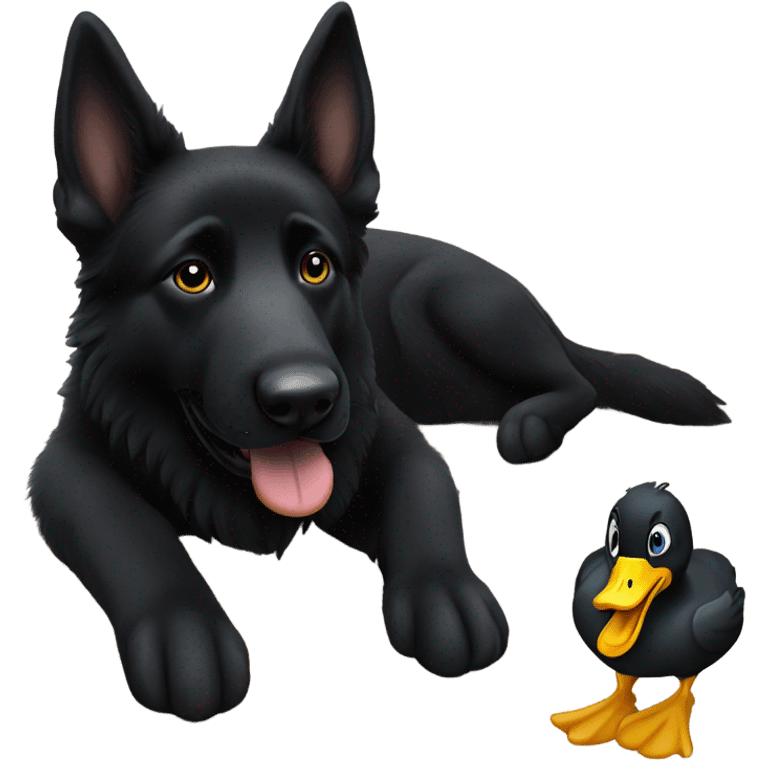 black German shepherd with a duck toy emoji