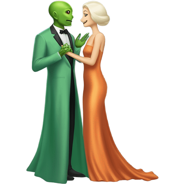 alien reptilian green skin woman,long slim pastel orange formal party satin dress with gradient shiny sparkling dark red, and caucasian man in black dres on his knees asks her to marry her emoji