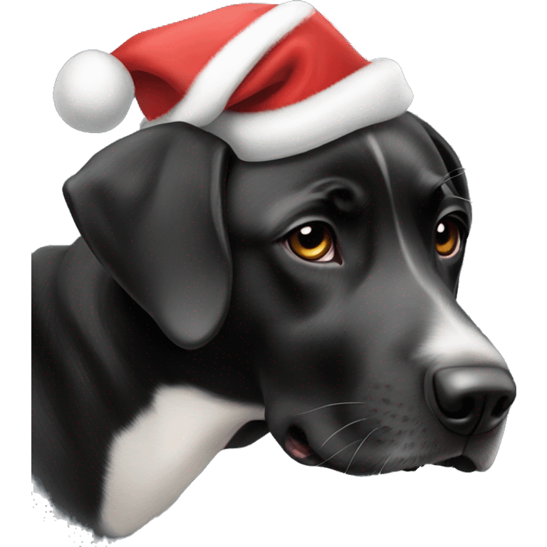 Black lab with ears folded down and white patch on chest wearing a Santa hat emoji