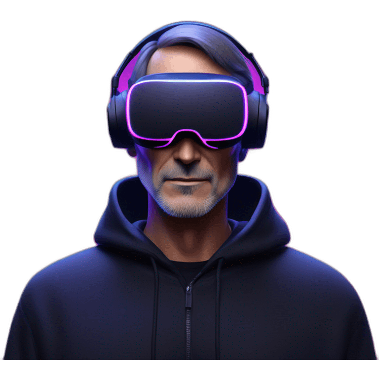 Steve Jobs wearing a black hoodie with "OMG" letters on it and VR headset in a cyberpunk VR environment with violet neon lighting. emoji