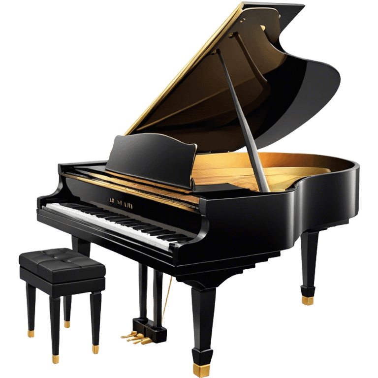 Cinematic Realistic Piano, glossy black grand piano with elegantly curved edges, pristine white and black keys, soft golden light reflecting off its polished surface, faint reflections of a musician’s hands, glowing with refined elegance and musical depth. emoji