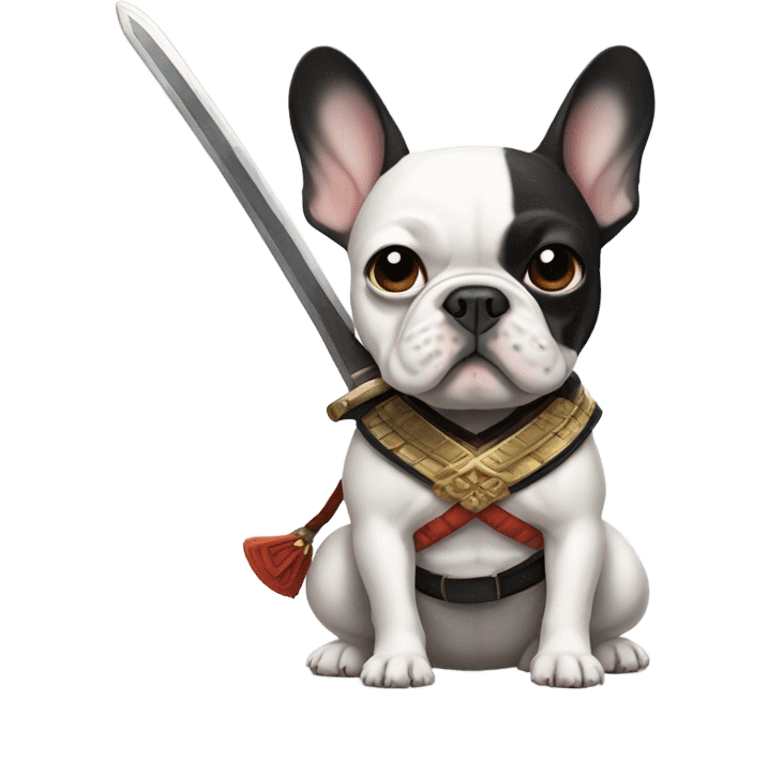 Pied French bulldog with samurai sword emoji