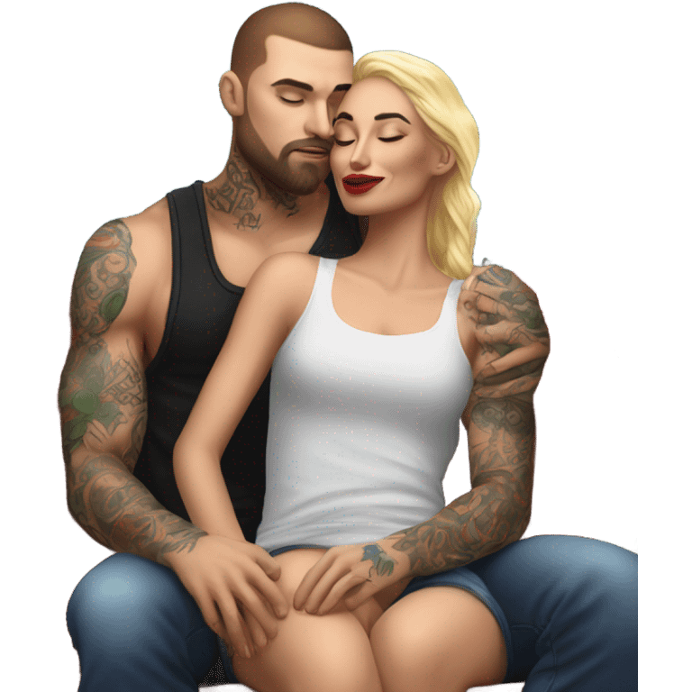 Hyper Realistic beautiful woman in the arms of a very handsome tattooed man kissing on a sofa emoji