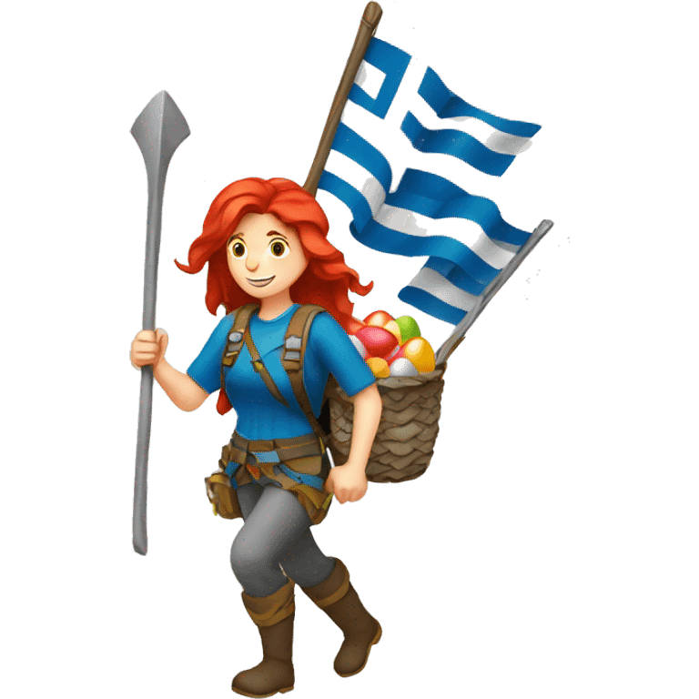 Female mountaineer red hair climbing with Greek flag and holding Easter eggs basket emoji