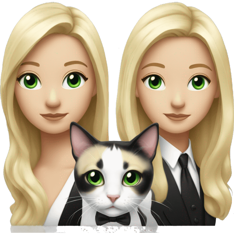 Blonde girl with black and white tuxedo cat both have green eyes emoji