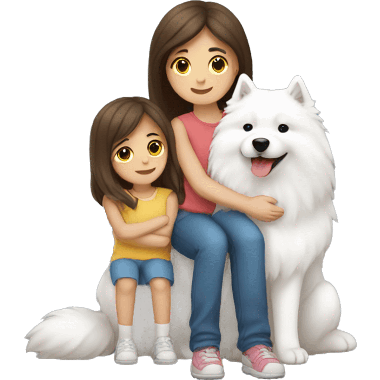 Girl with brunette long hair hugging boy samoyed and girl Samoyed  emoji