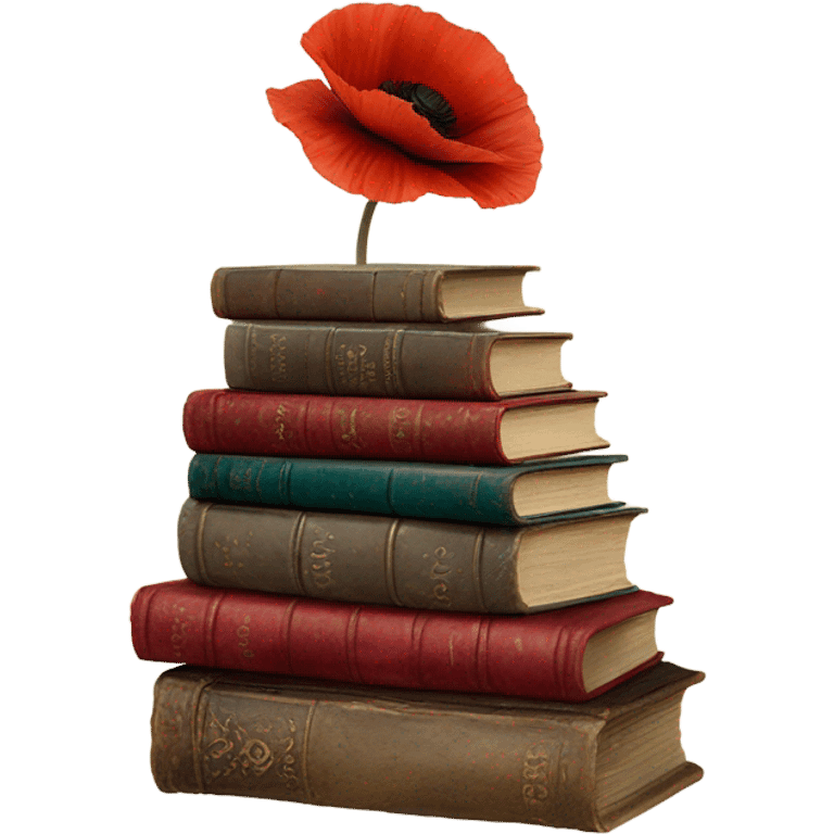 A vintage stack of books with scarlet poppies and a velvet bow emoji